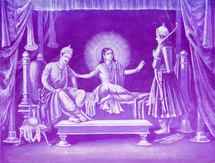 Mit Bhakti Yoga Angst ueberwinden duryodhyan_and_arjun_come_to_krishna_to_ask_for_his_help