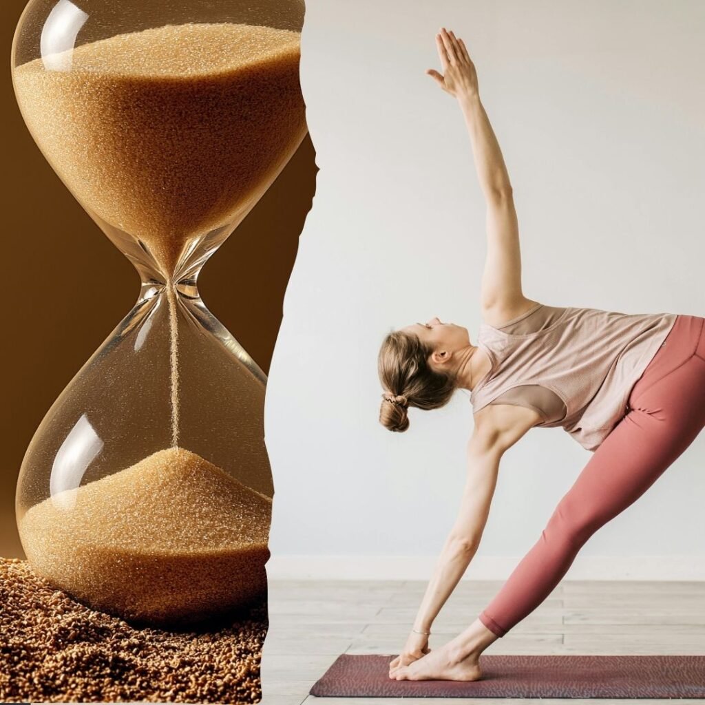 Sanduhr und Trikonasana, Symbolbild, Zeit in der Asana-Praxis